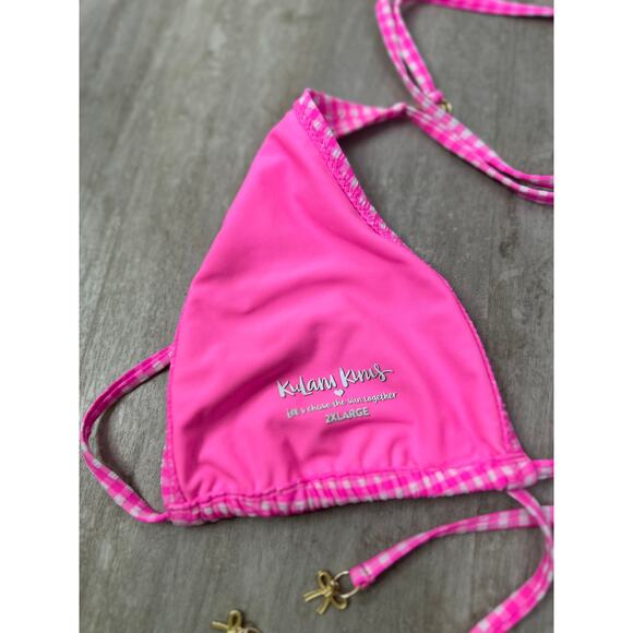 Kulani Kinis Classic Tie Halter Bikini Top Pink Diva Gingham Plaid Size 2XL - Picture 4 of 5